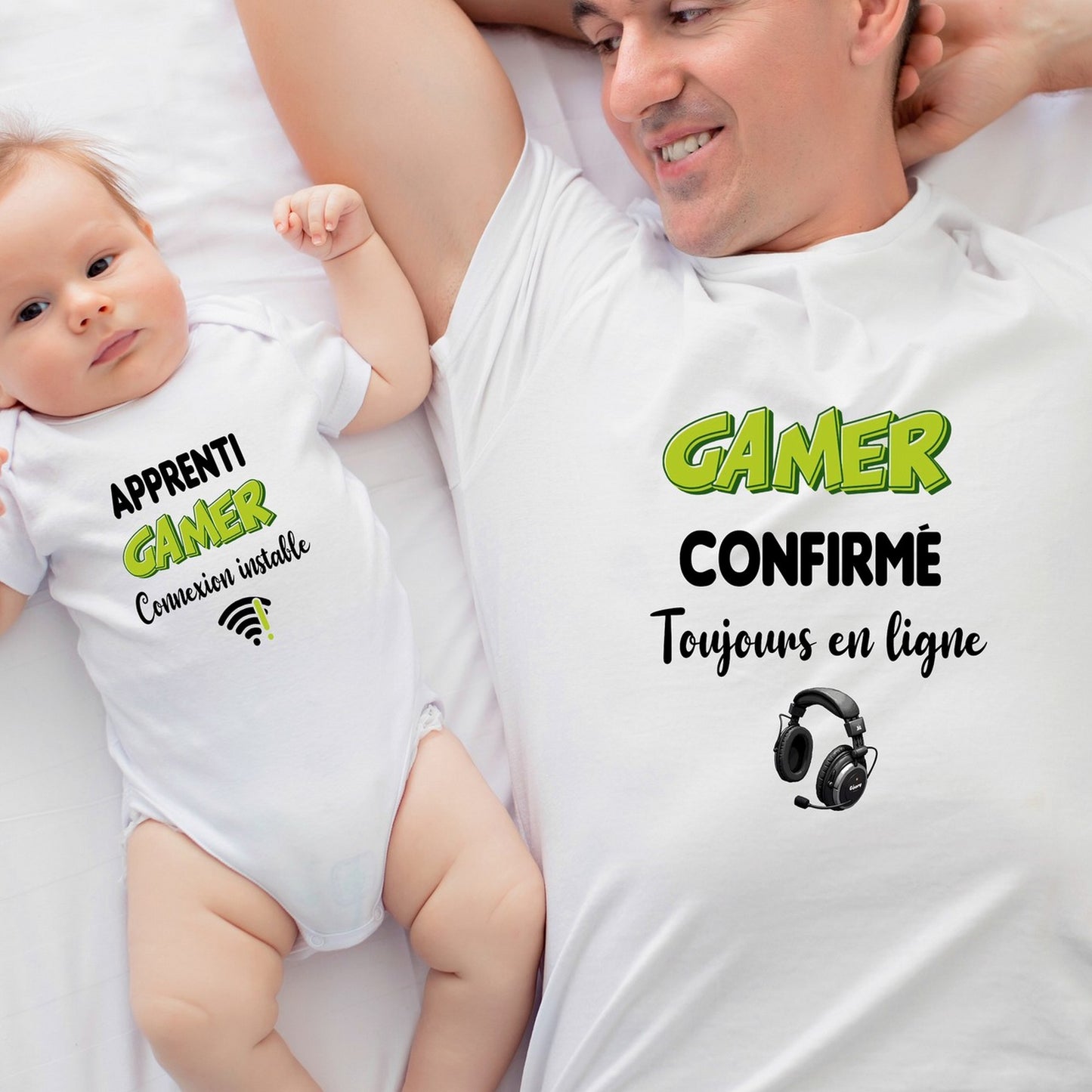 Tshirt duo et body bébé ,"Apprenti gamer" "Gamer confirmé"