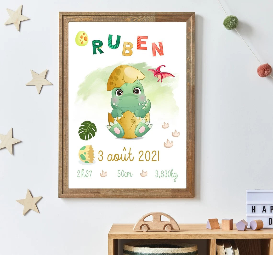 Affiche naissance personnalisée dinosaure , cadeau de naissance A4