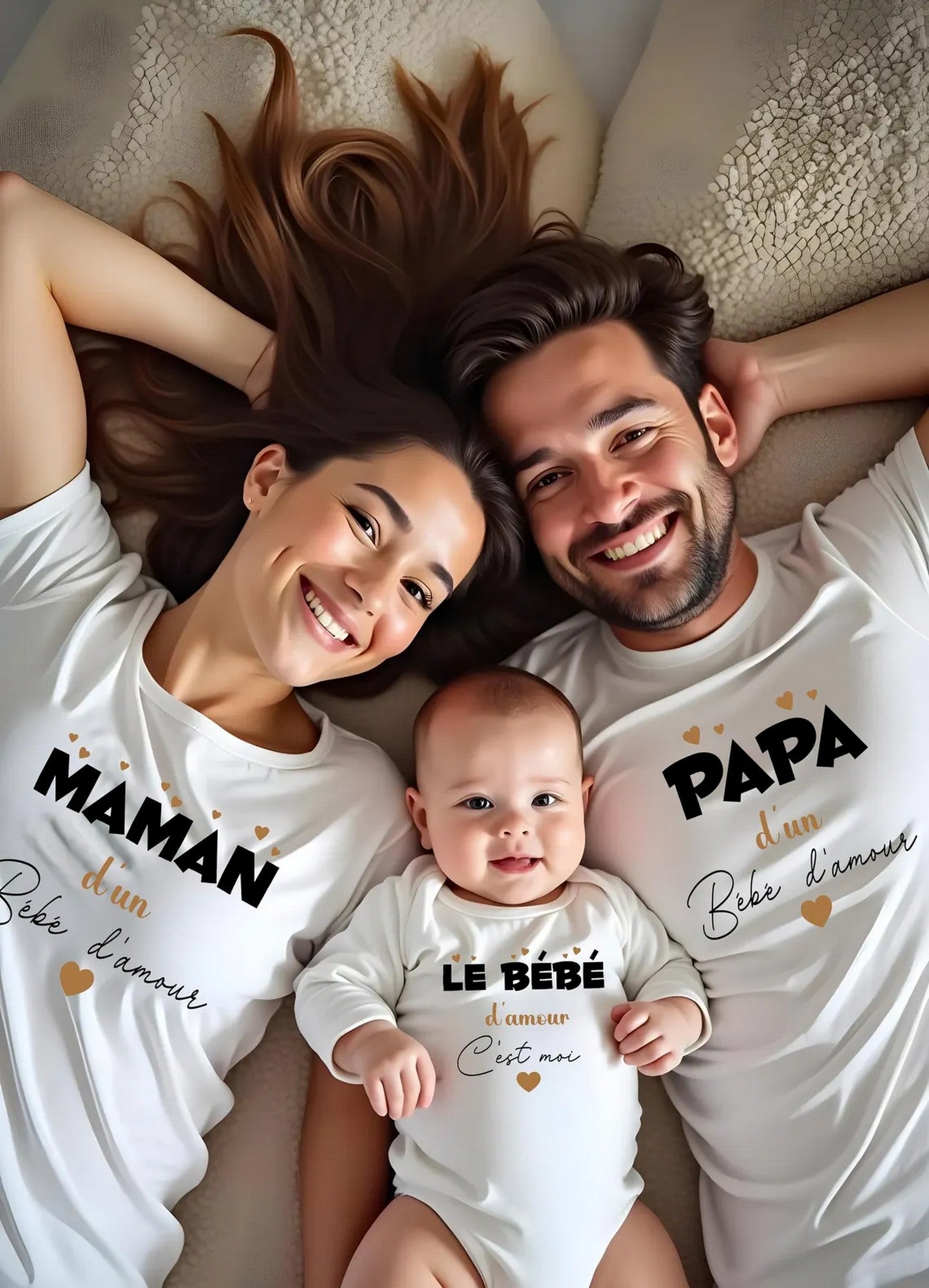 Trio t-shirt femme , t-shirt homme et body bébé , Vêtements assortis pour la famille