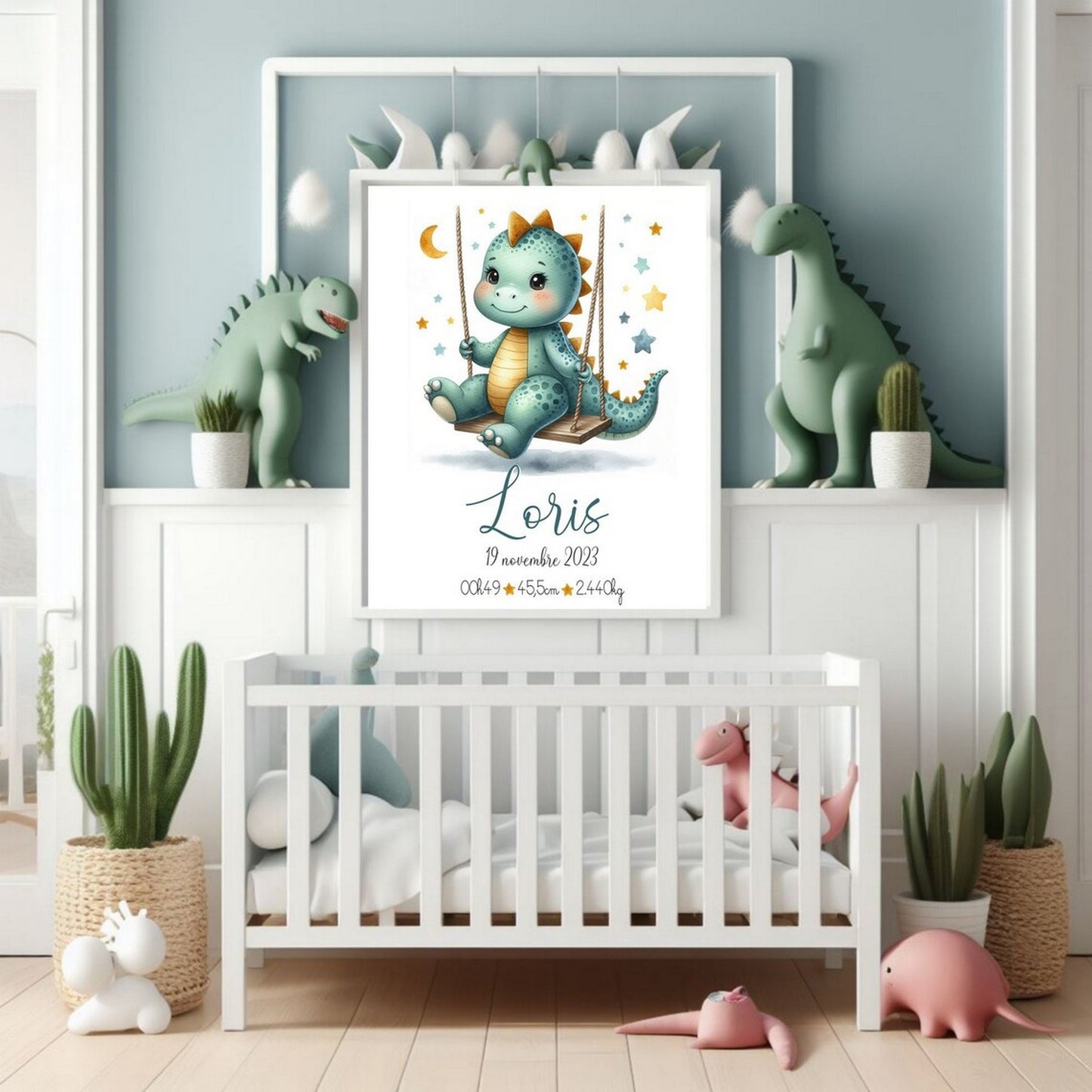 Affiche naissance personnalisée, affiche dinosaure mignon A4