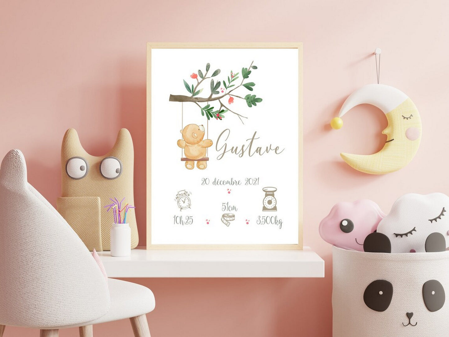 Affiche naissance personnalisée, affiche ourson, cadeau de naissance A4