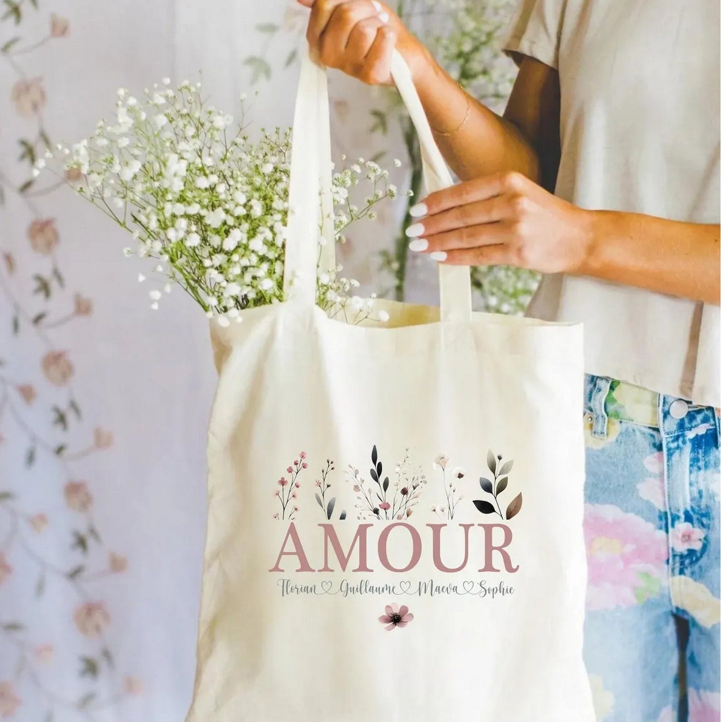 Totebag personnalisé,Modèle Amour avec prénoms, fête des mères, grands-mères