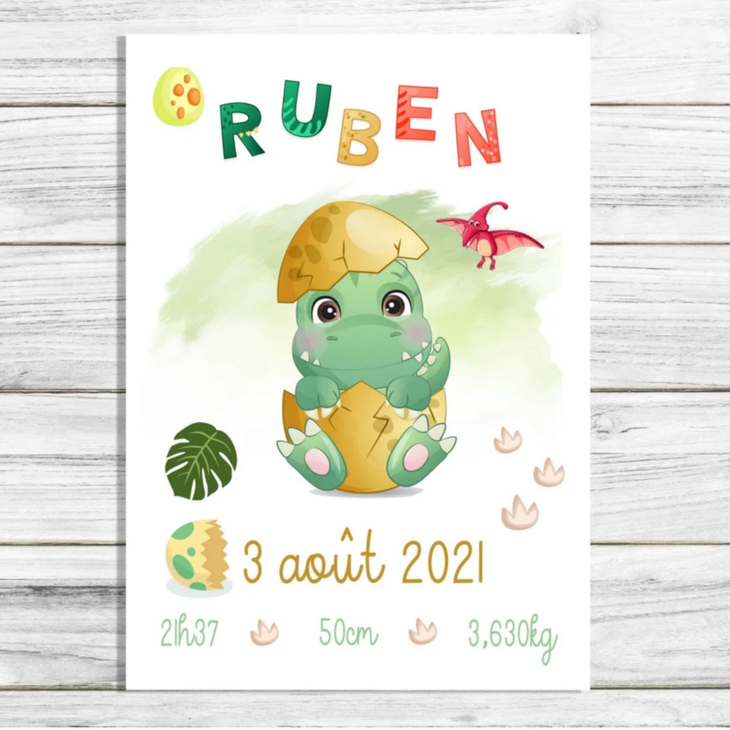 Affiche naissance personnalisée dinosaure , cadeau de naissance A4