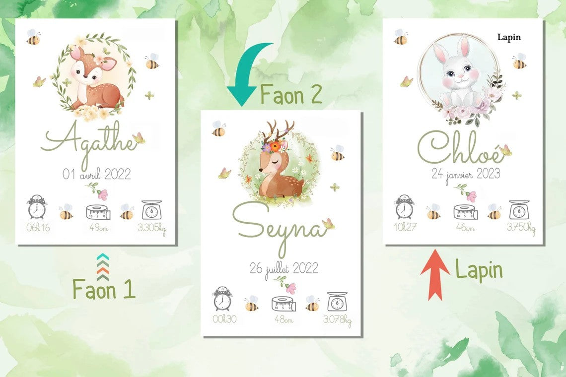 Affiche naissance personnalisée, animaux mignons, affiche A4
