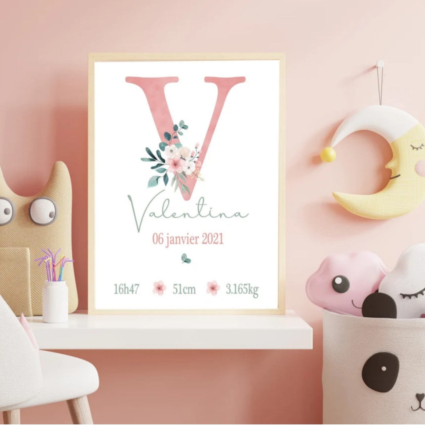 Affiche naissance personnalisée , affiche Initiale blanc, cadeau de naissance A4