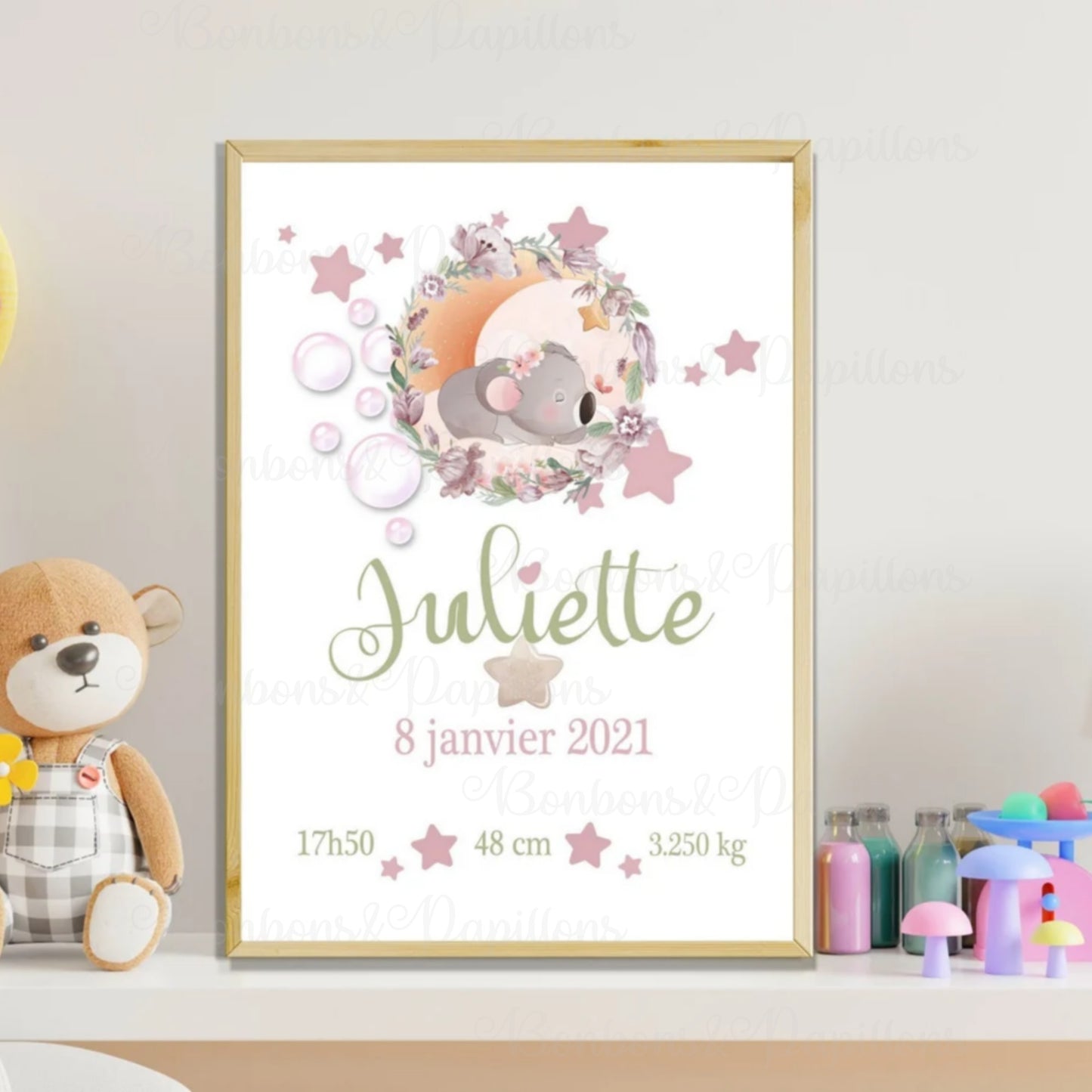 Affiche naissance personnalisée , affiche Koala, cadeau de naissance A4