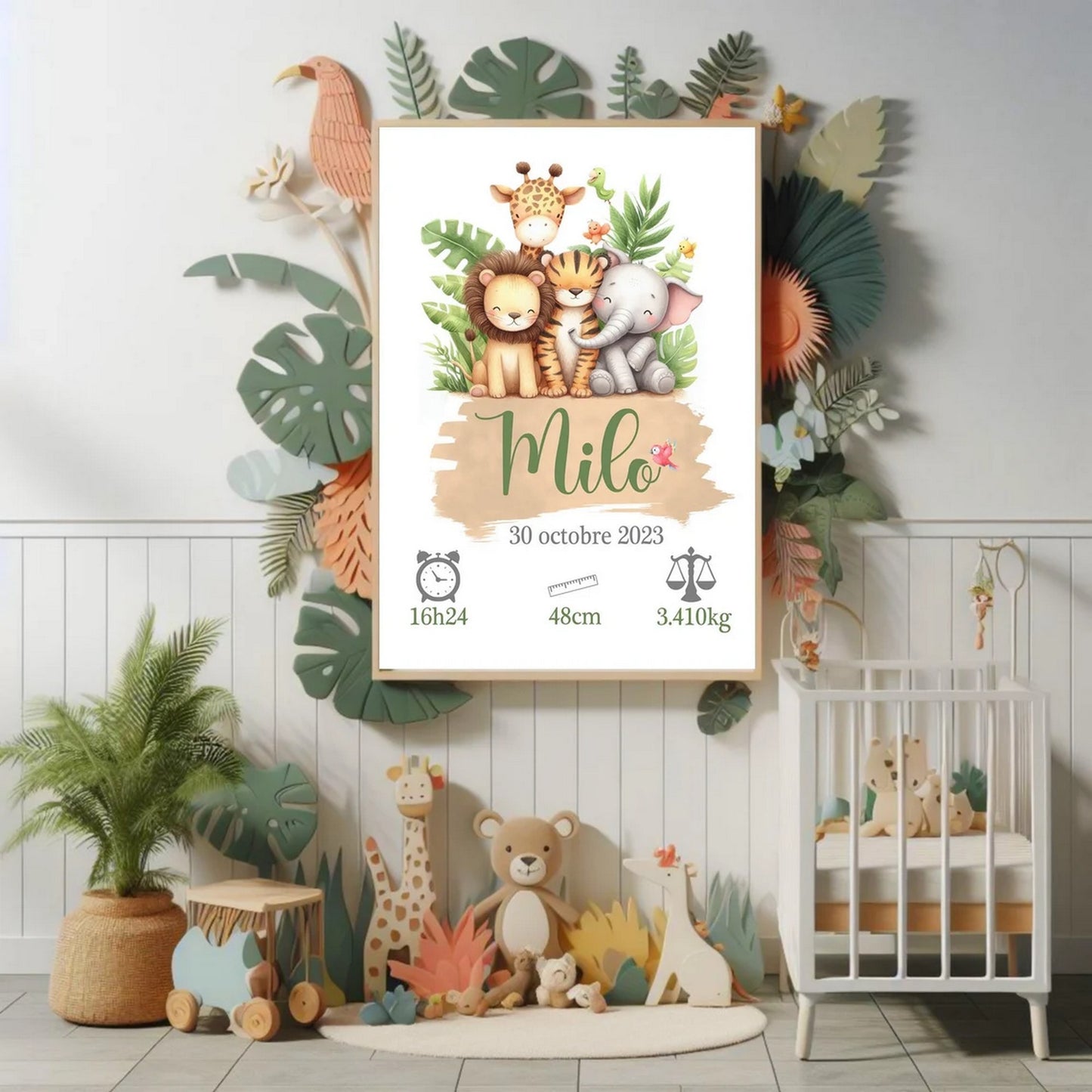 Affiche naissance personnalisée , affiche jungle, cadeau de naissance A4