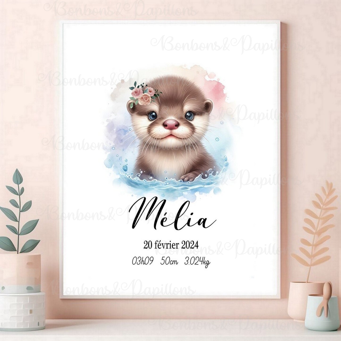 Affiche naissance personnalisée , affiche loutre ( fille), cadeau de naissance A4