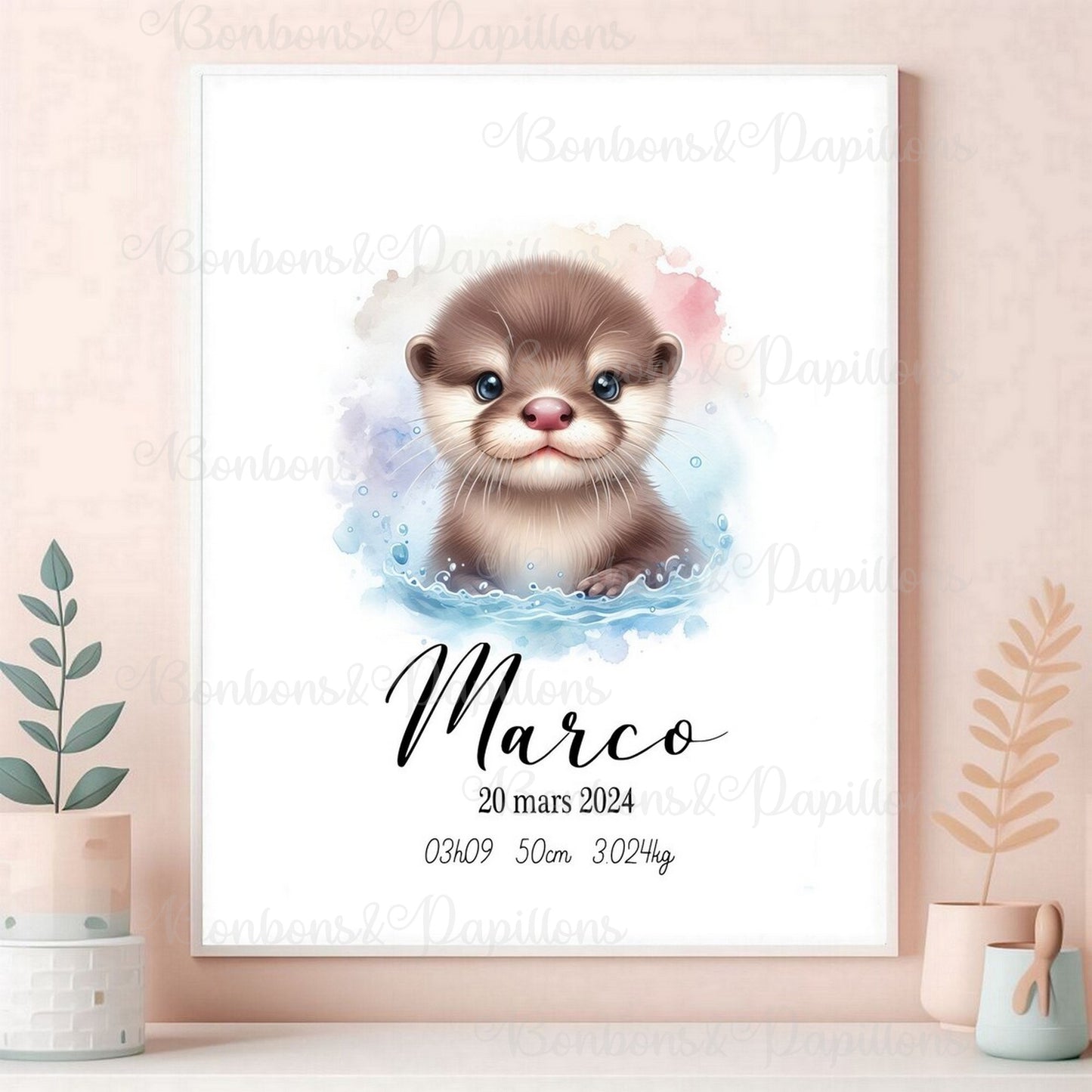 Affiche naissance personnalisée , affiche Loutre ( garçon), cadeau de naissance A4