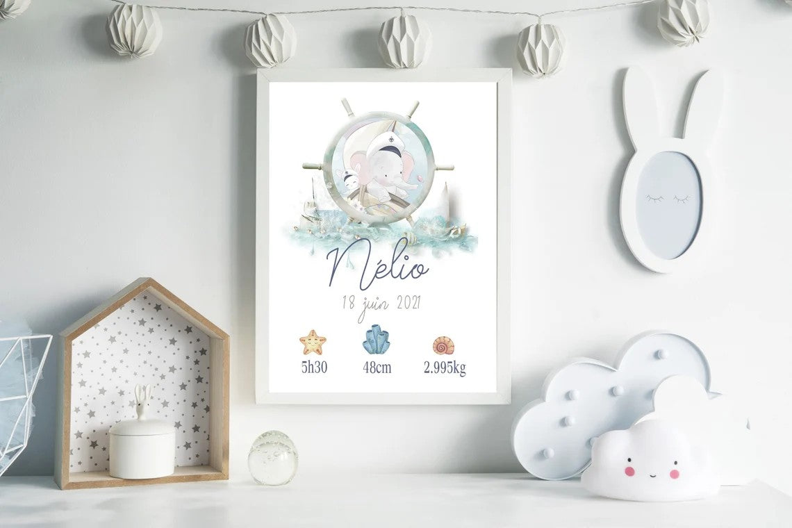 Affiche naissance personnalisée , affiche Océan, cadeau de naissance A4
