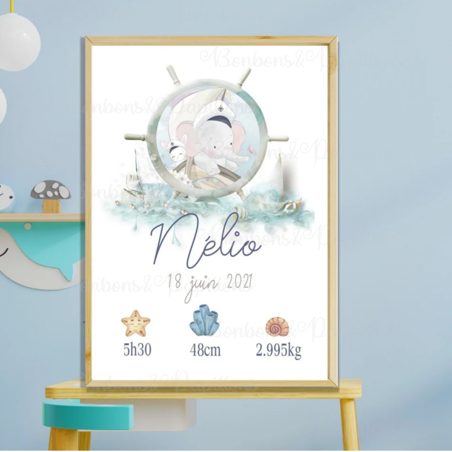 Affiche naissance personnalisée , affiche Océan, cadeau de naissance A4