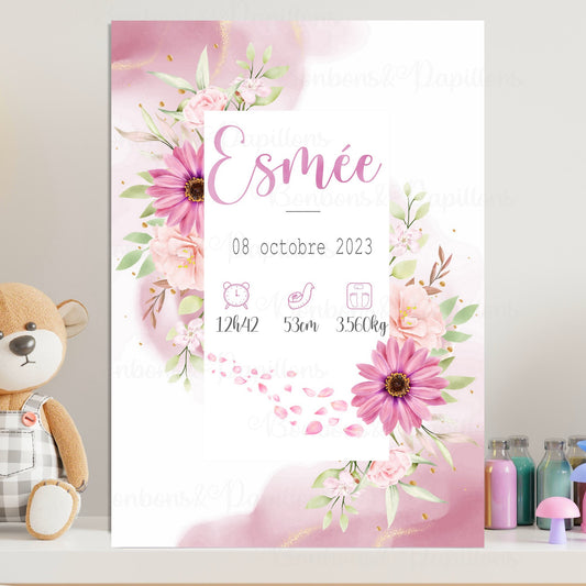 Affiche naissance personnalisée, fleurs roses, cadeau de naissance A4