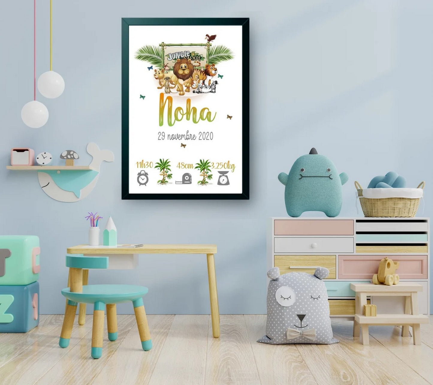 Affiche naissance personnalisée,Thème JUNGLE, cadeau de naissance A4