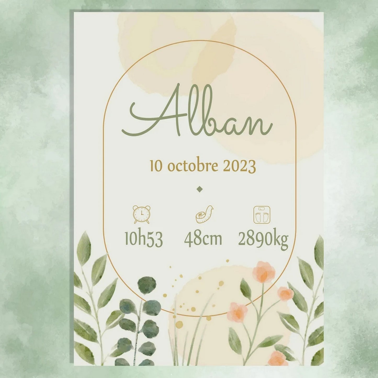 Affiche naissance personnalisée, thème chic et fleurs,cadeau de naissance A4