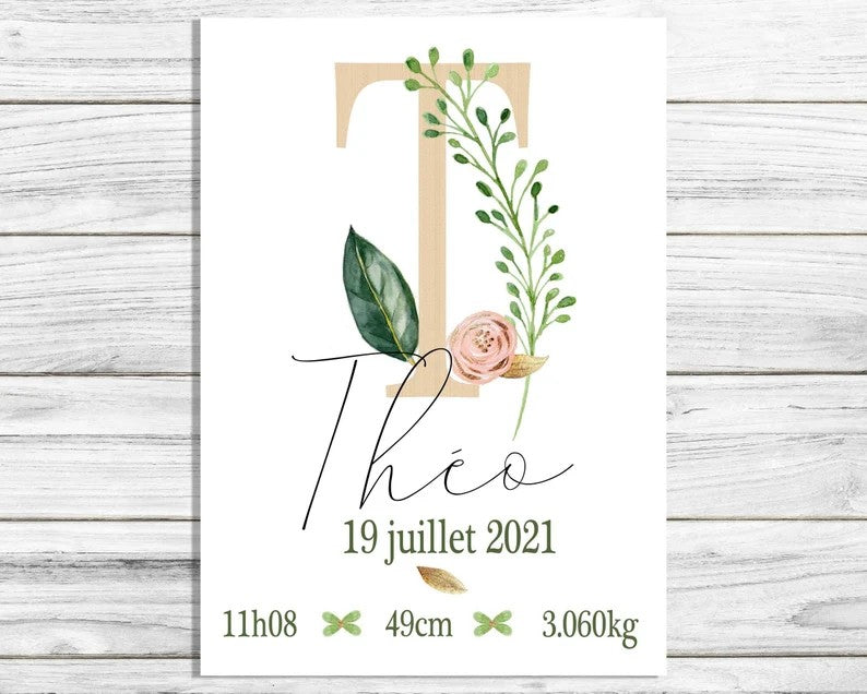 Affiche naissance personnalisée,Initiales, cadeau de naissance A4