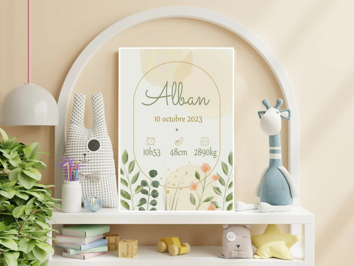 Affiche naissance personnalisée, thème chic et fleurs,cadeau de naissance A4