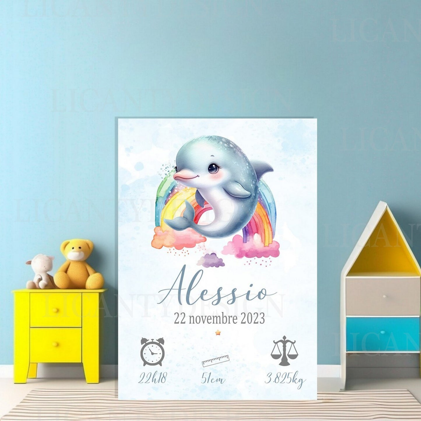 Affiche naissance personnalisée, Thème bébé Dauphin. A4