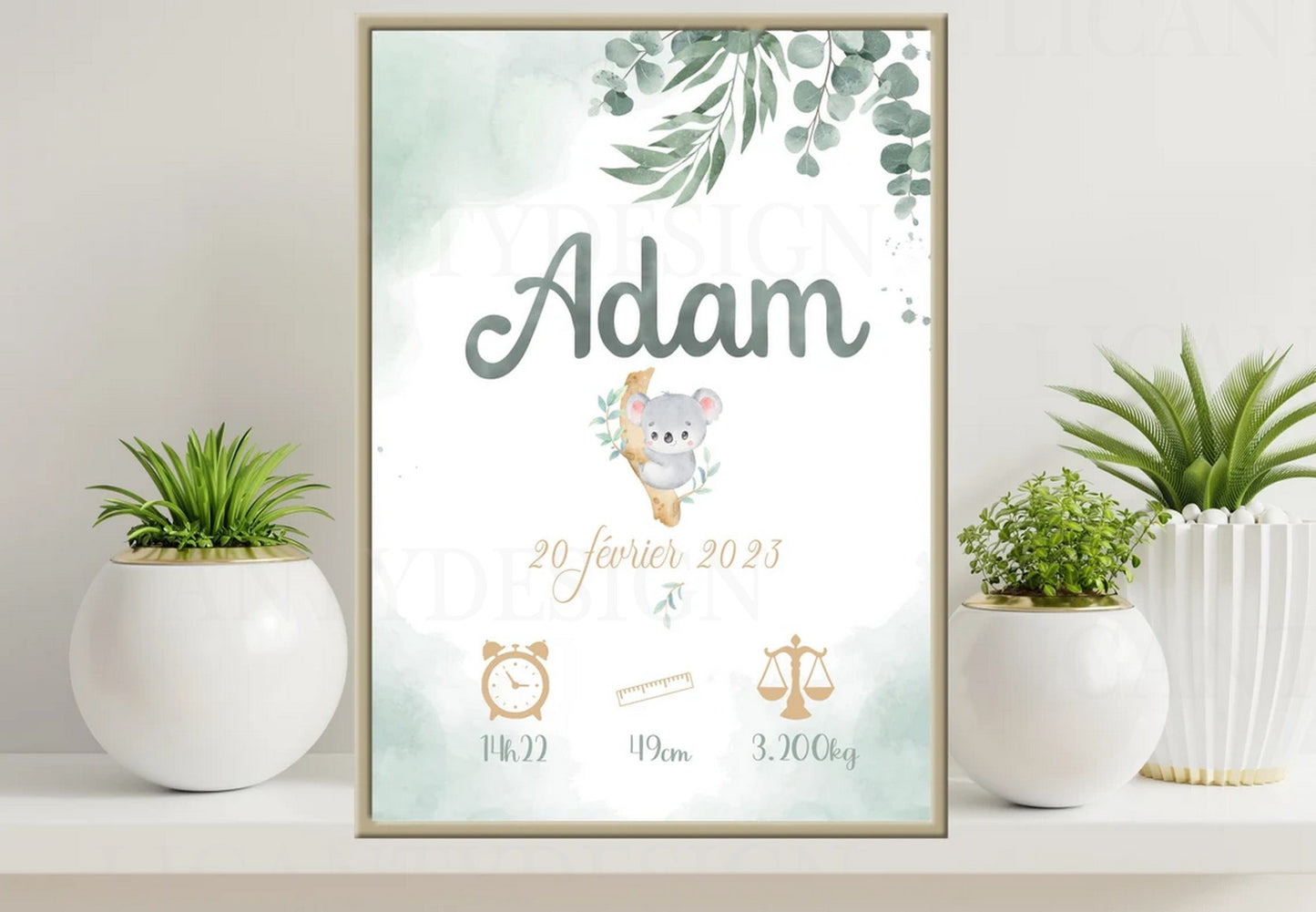 Affiche naissance personnalisée, modèle Koala, cadeau bébé A4