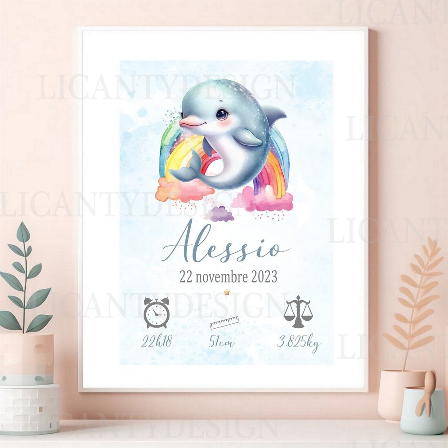 Affiche naissance personnalisée, Thème bébé Dauphin. A4