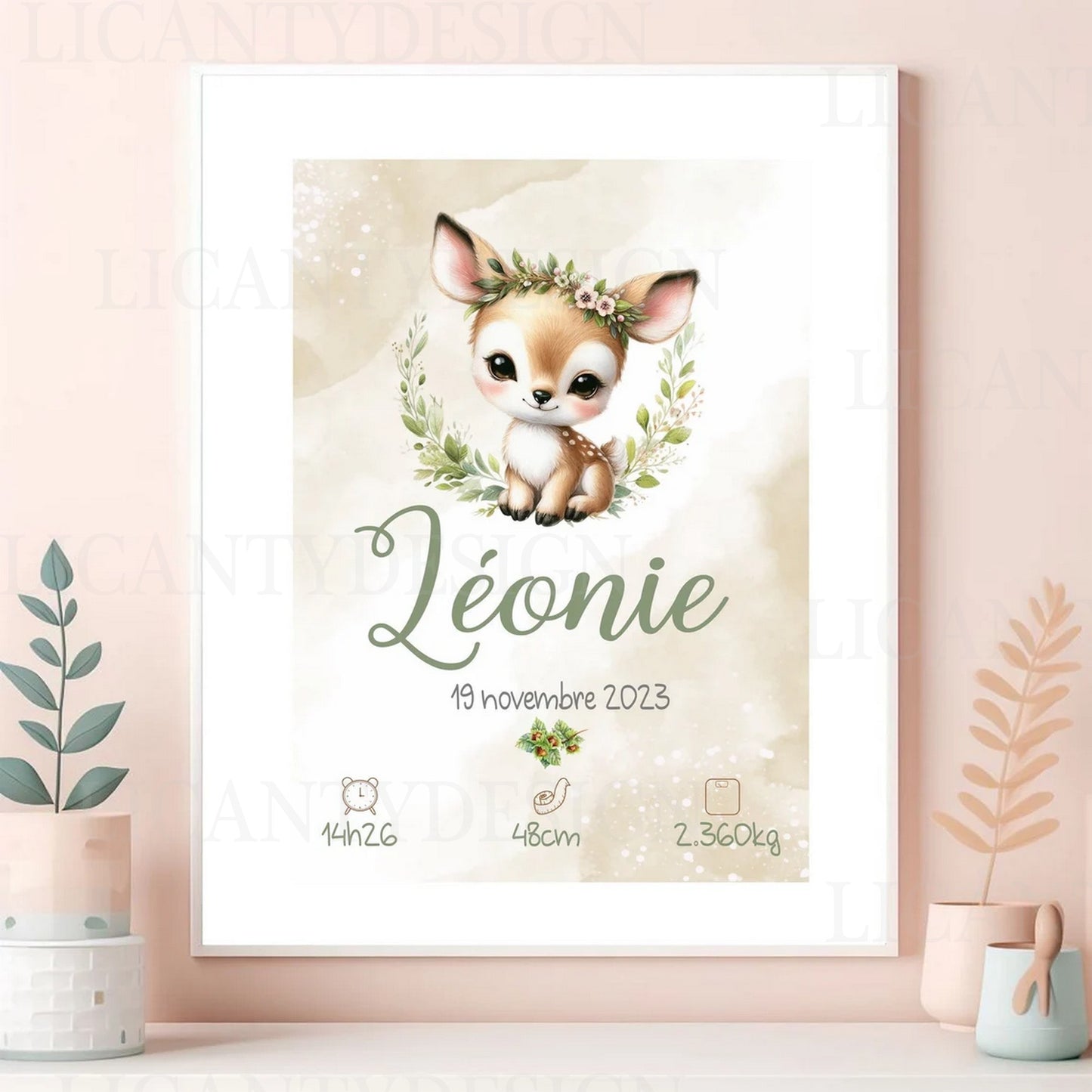 Affiche naissance personnalisée, affiche bébé biche A4