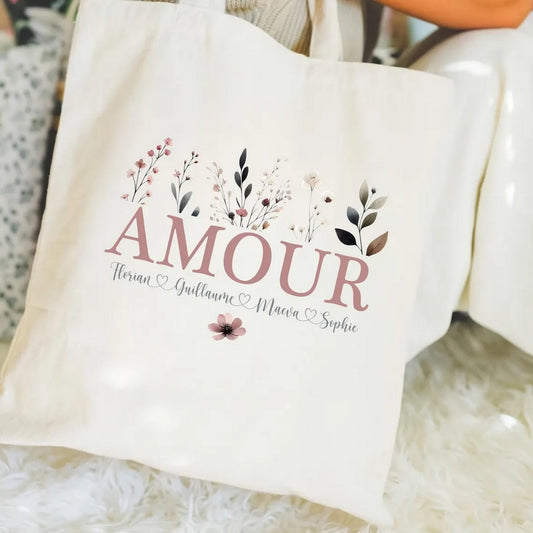 Totebag personnalisé,Modèle Amour avec prénoms, fête des mères, grands-mères