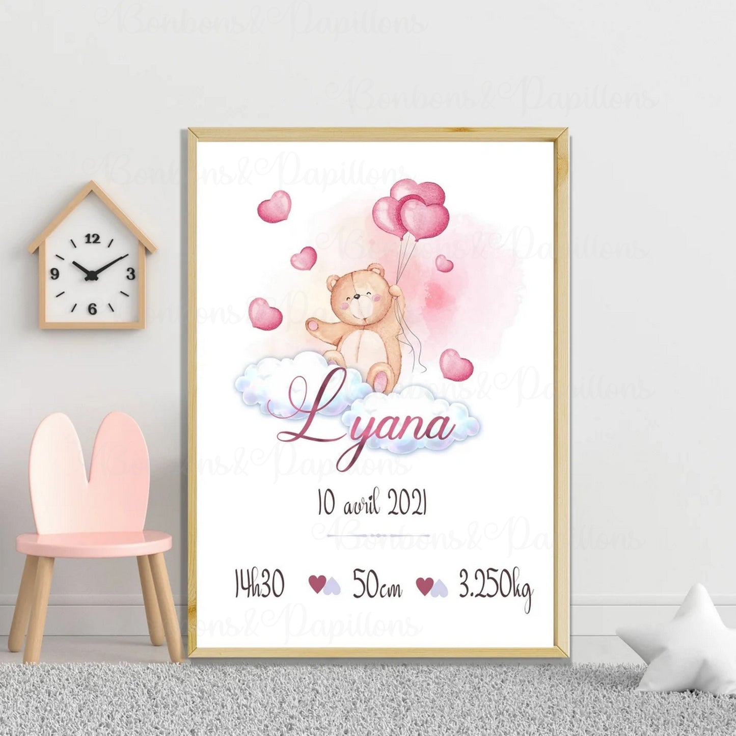 Affiche naissance personnalisée,Thème ourson avec ballons cadeau de naissance A4