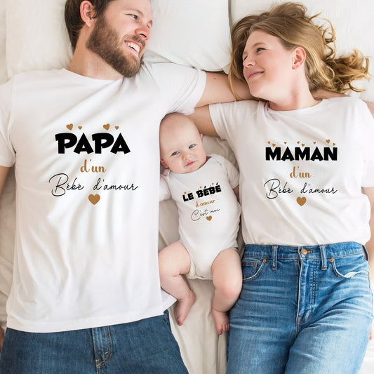 Trio t-shirt femme , t-shirt homme et body bébé , Vêtements assortis pour la famille